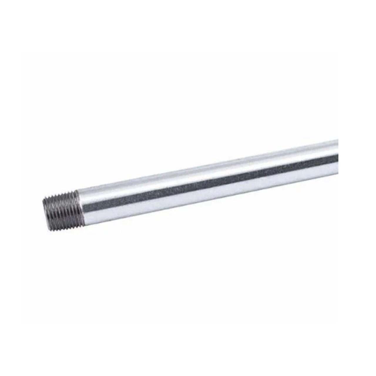 A Go Build 1-1/2 in. x 10 ft. Galvanized Steel Pipe with threaded end lies diagonally on a white background, making it ideal for potable water applications. Brand: The Fastest Way To Build.